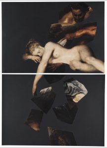 Giulio Paolini Giove e Antiope Collage su carta nera 2 elementi da 40×100 cm 142×100 anno 2021